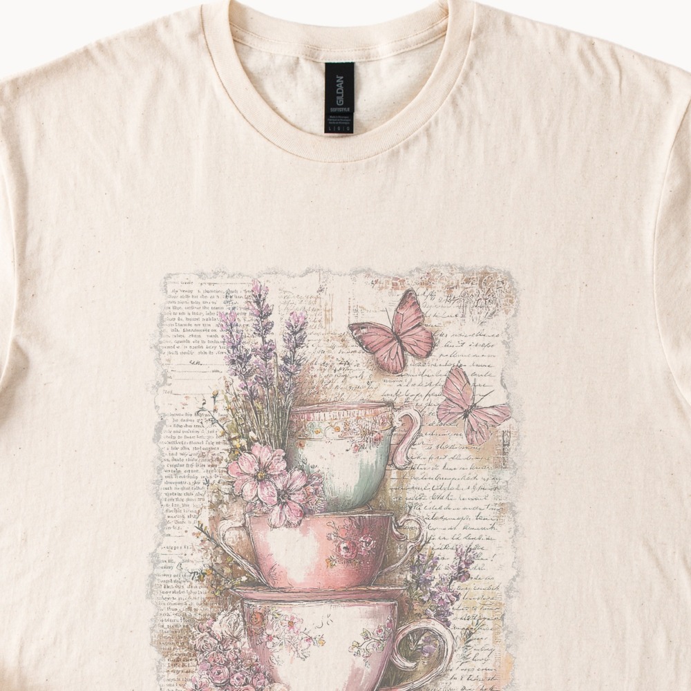 Romantic Teacup Botanical Graphic Tee Vintage Floral Collage